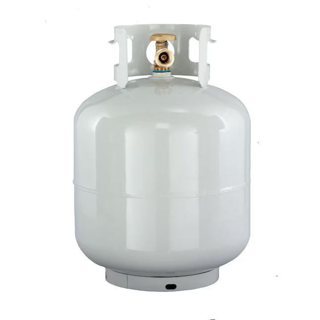 White propane tank with a gold valve on a white background