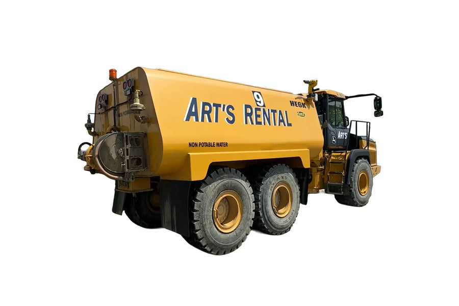 Yellow water truck with 'Art's Rental' branding