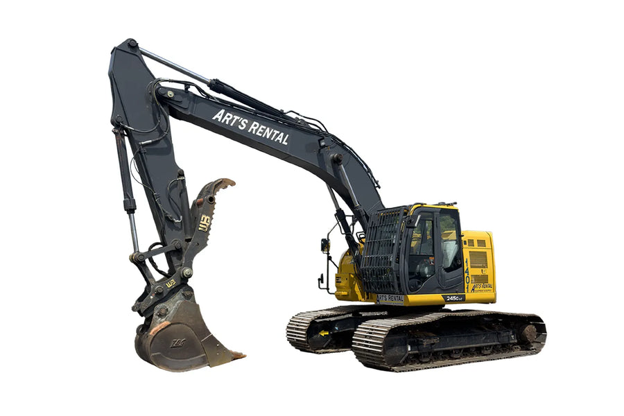 John Deere 245 excavator featuring a black and yellow body with 'ART'S RENTAL' printed on the boom