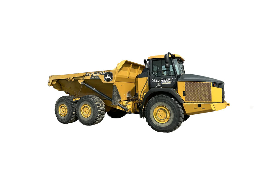 Yellow dump truck with Art's Rental branding