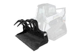 A black grapple bucket attachment for a skid steer.