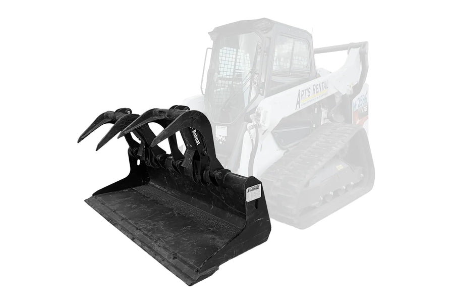 A black grapple bucket attachment for a skid steer.