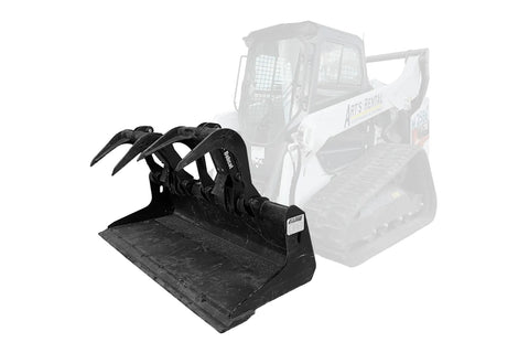 A black grapple bucket attachment for a skid steer.