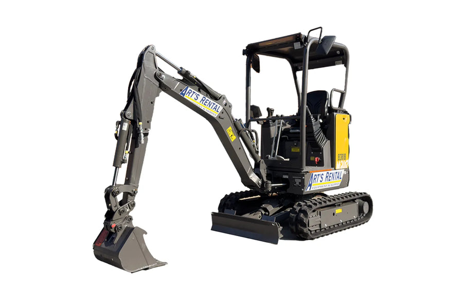 Yellow and gray mini excavator with 'Art's Rental' branding