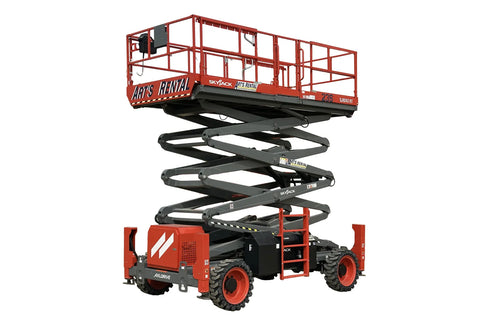 Orange and gray scissor lift with outriggers
