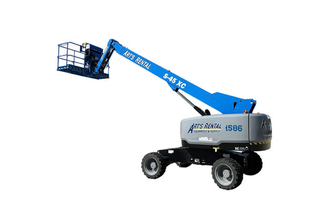 Blue and gray telescopic boom lift with 'Arts Rental' branding