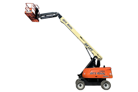 Orange and tan telescopic boom lift with 'Arts Rental' branding