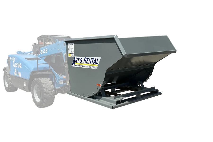 Gray trash hopper with 'Art's Rental' branding attached to telehandler