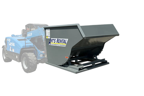Gray trash hopper with 'Art's Rental' branding attached to telehandler