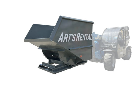 Gray trash hopper with 'Art's Rental' branding attached to a telehandler