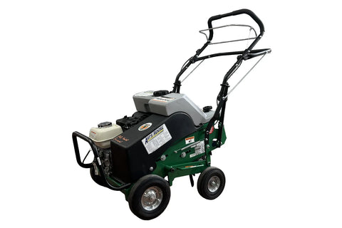 Green and black walk-behind aerator