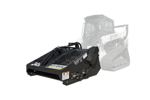 Black rock rake attachment on skid steer