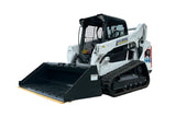 Bobcat skid steer loader with smooth bucket attachment and open cab.