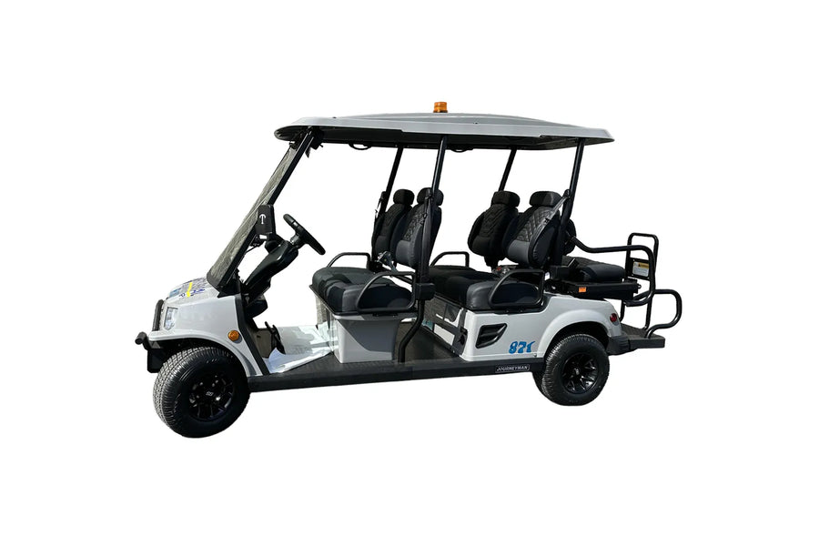 Gray golf cart with black seats
