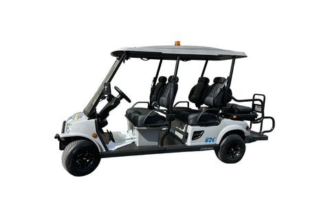 Gray golf cart with black seats