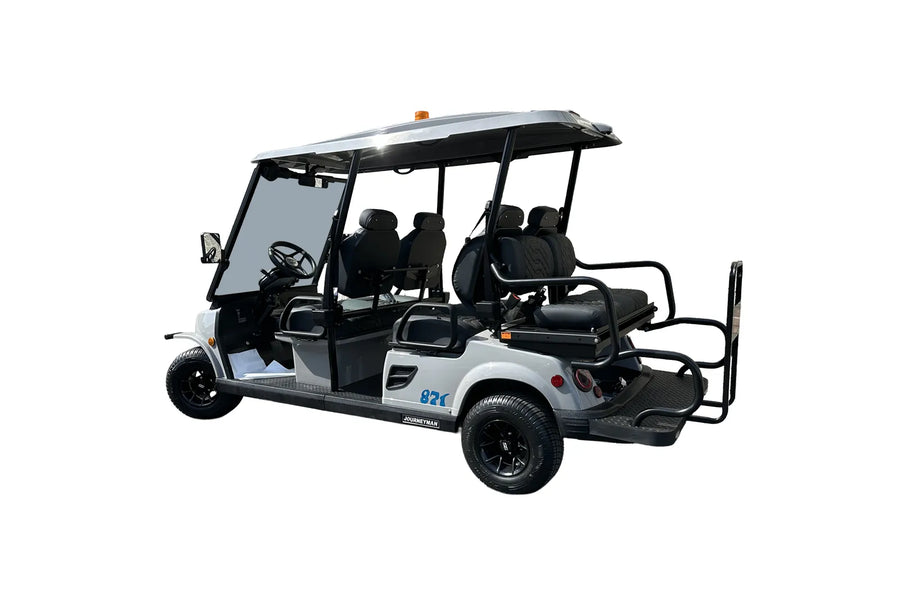 Light gray golf cart with black seats