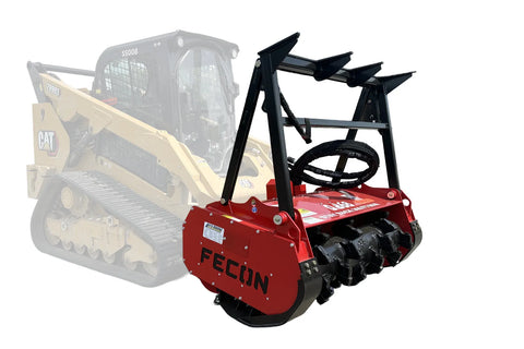 Red forestry attachment on a yellow skid steer