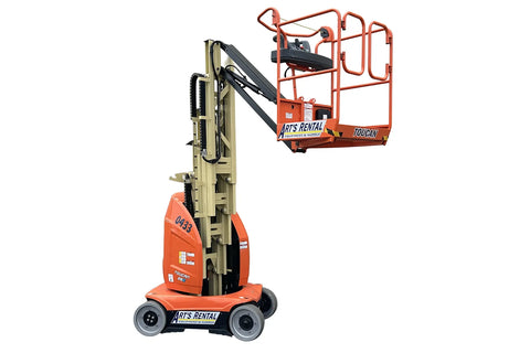 Orange and beige personnel lift and 'Art's Rental' branding