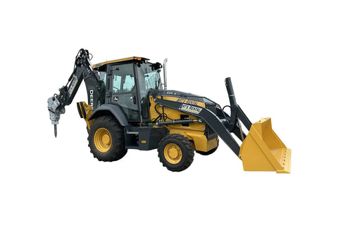 John Deere backhoe with a front bucket attachment and rear hammer attachment.