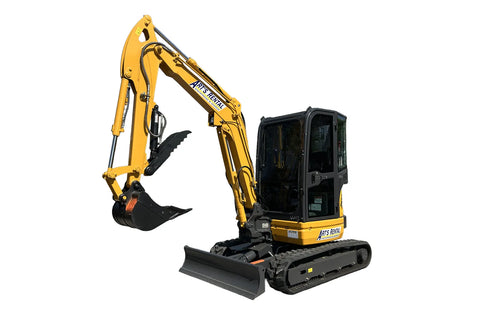 Yellow excavator with black bucket