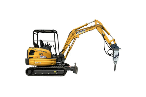 Yellow excavator with hydraulic hammer