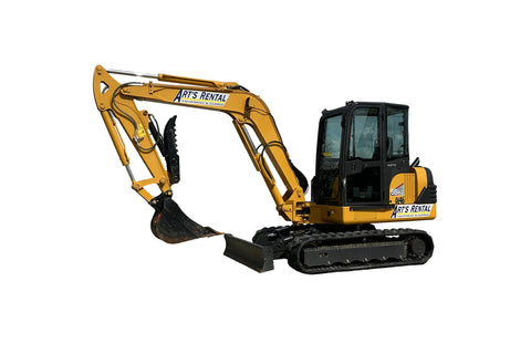 Yellow excavator with Art's Rental branding