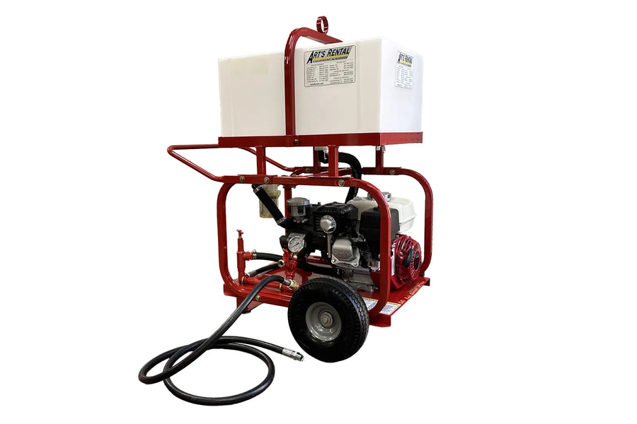 Red hydro test pump with black hose