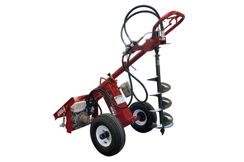 Red post hole digger with black auger bit