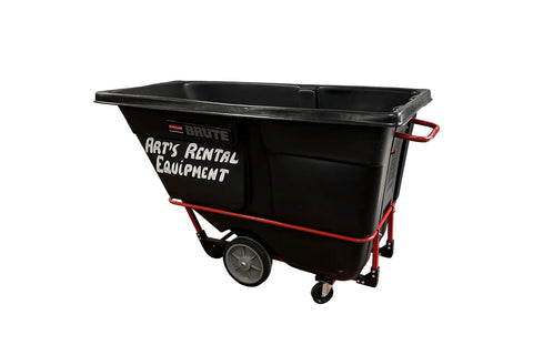 Black trash bin with wheels and red handle