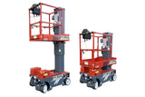 Two orange and gray scissor lift platforms raised and lowered