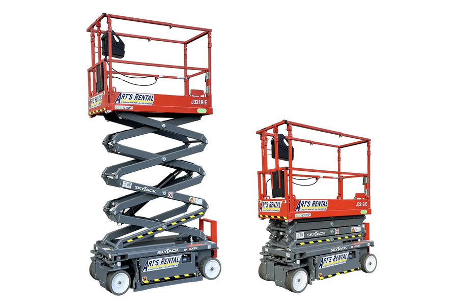 Two scissor lifts raised and lowered with 'Art's Rental' branding