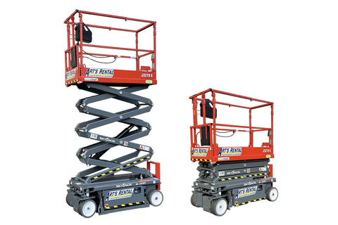 Two scissor lifts raised and lowered with 'Art's Rental' branding