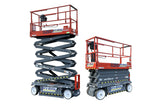Orange and gray scissor lift raised and lowered