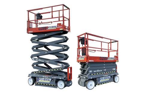 Orange and gray scissor lift raised and lowered