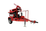 Red straw blower on trailer