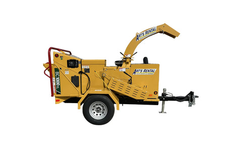 Yellow wood chipper with 'Art's Rental' branding