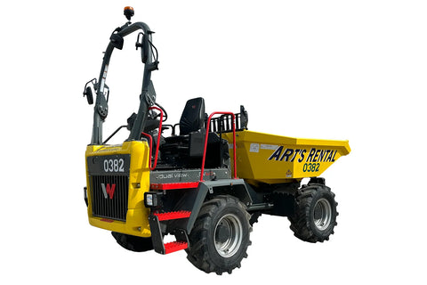 Yellow dumper truck with 'Art's Rental' branding