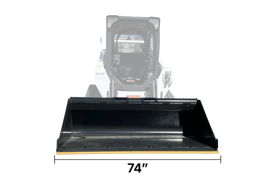 Smooth bucket attachment for skid steer with a dimension label reading 74 inches wide