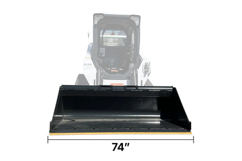 Smooth bucket attachment for skid steer with a dimension label reading 74 inches wide