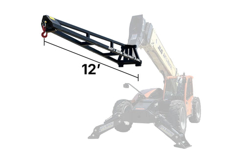 Truss boom attachment for telehandler with a dimension marker reading 12 feet