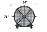 A large industrial floor fan with dimension labels indicating 84 inches wide and 78 inches tall.
