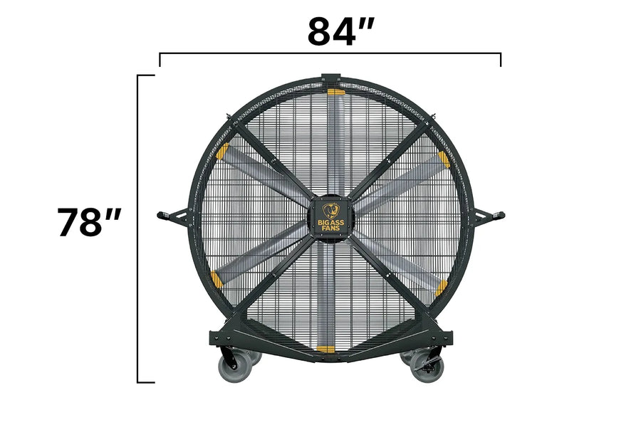 A large industrial floor fan with dimension labels indicating 84 inches wide and 78 inches tall.