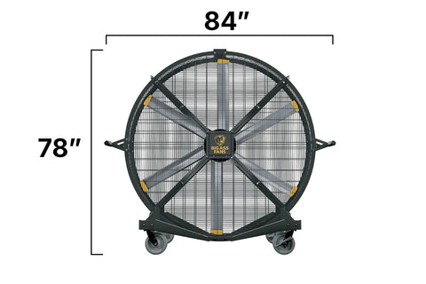 A large industrial floor fan with dimension labels indicating 84 inches wide and 78 inches tall.