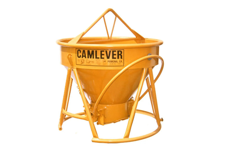 Yellow metal concrete bucket with 'Camlever' branding