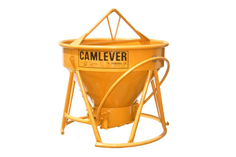 Yellow metal concrete bucket with 'Camlever' branding