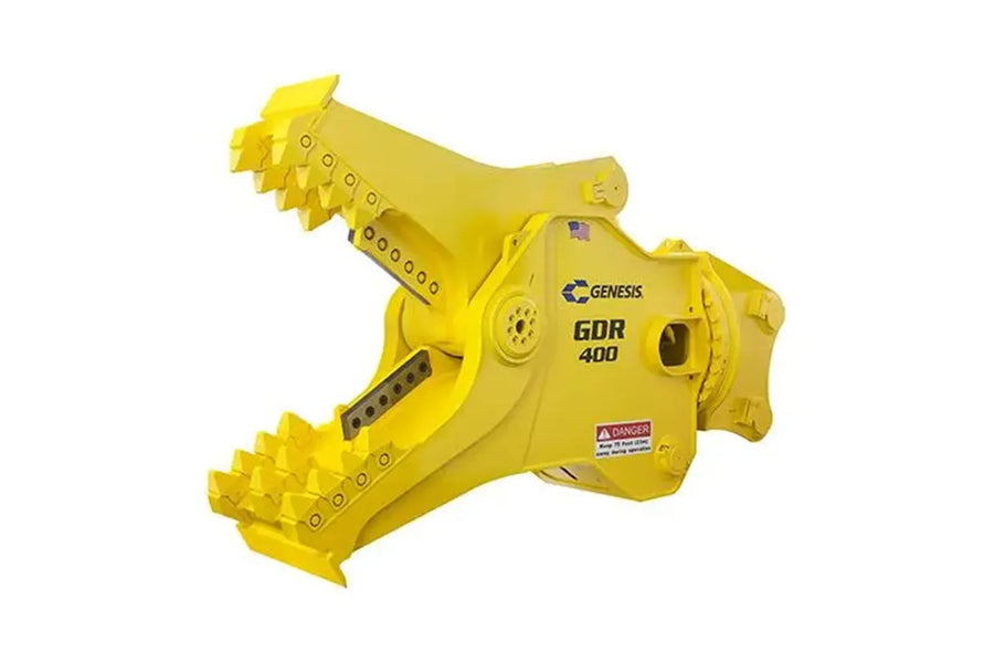 Yellow excavator attachment with 'Genesis' branding