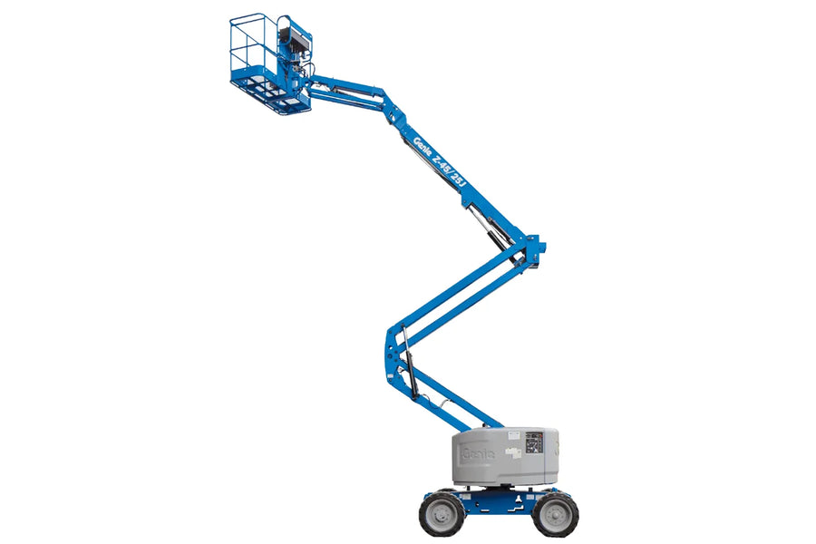 Articulating boom lift with a blue platform, electric drive, and non-marking tires.