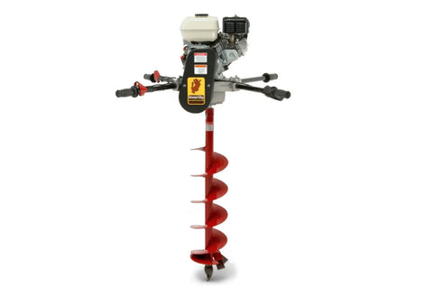 Post hole digger with red auger bit