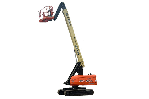 A straight boom lift with a diesel engine. The lift is on a steel track.