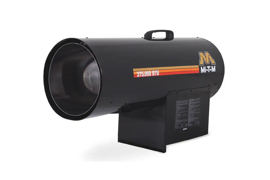 Black portable heater with visible branding on a white background